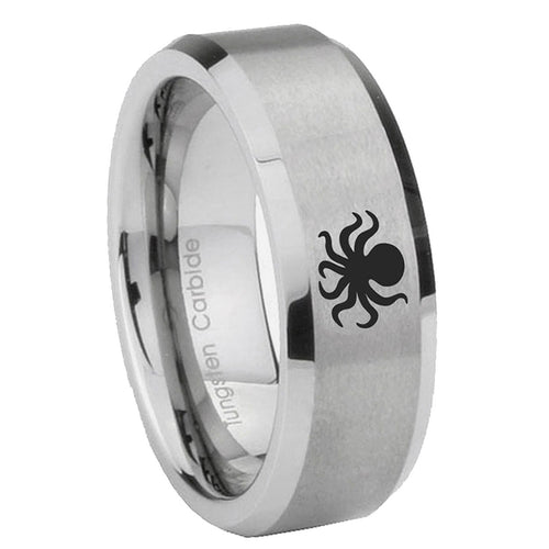 10mm Octopus Beveled Edges Matte Grey Tungsten Carbide Mens Ring Engraved