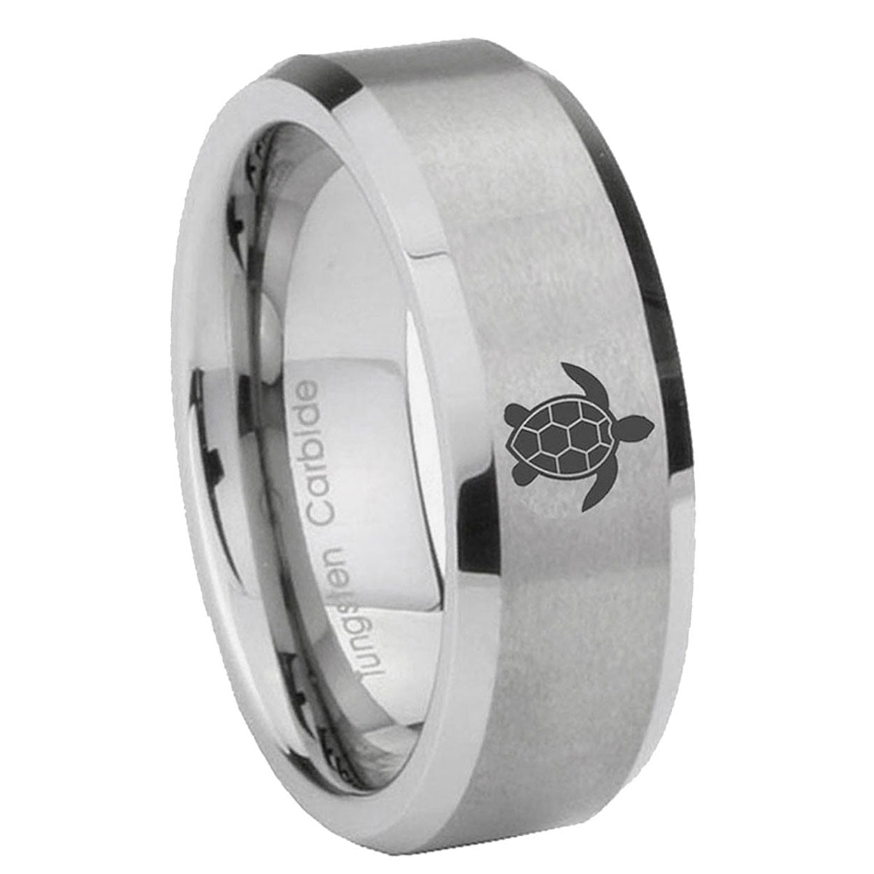 8MM Sea Turtle Beveled Brushed Gray Tungsten Mens Engagement Ring