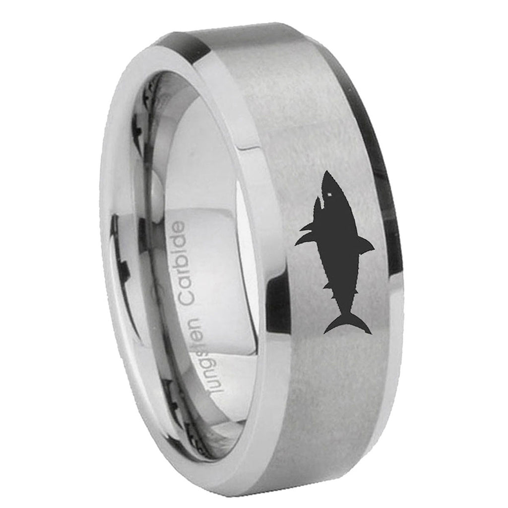 8MM Shark Beveled Brushed Gray Tungsten Wedding Rings