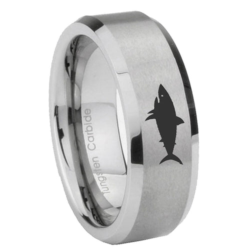 10mm Shark Beveled Edges Matte Grey Tungsten Carbide Mens Ring Engraved