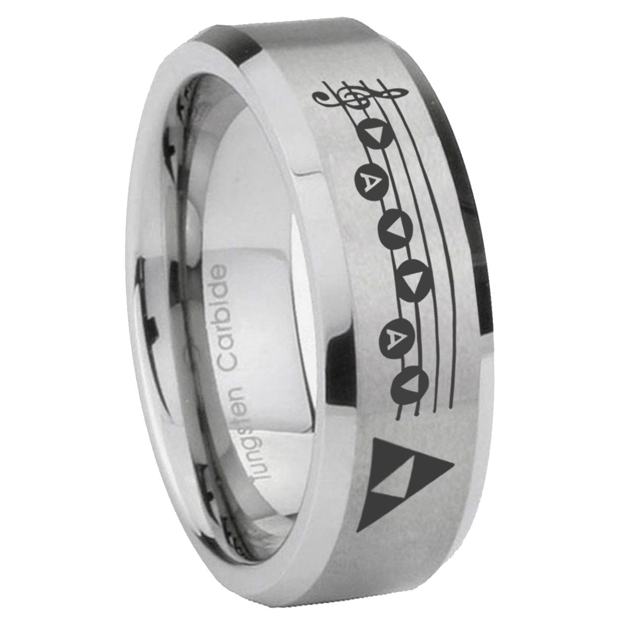 8MM Ocarina Songs Zelda Beveled Brushed Gray Tungsten Wedding Band