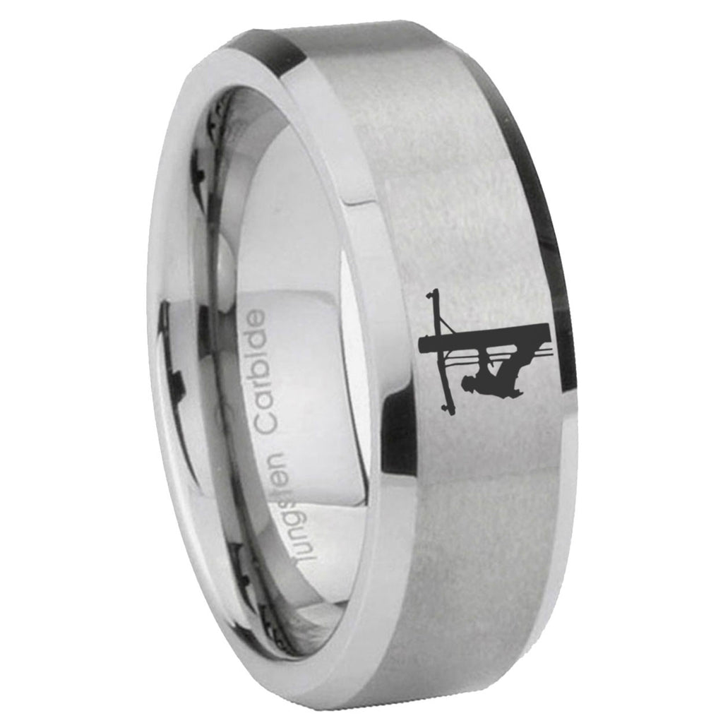8MM Lineman Symbol Beveled Brushed Gray Tungsten Wedding Band