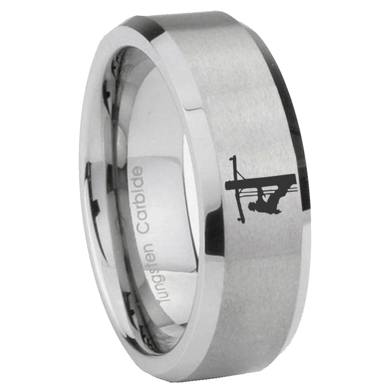 8MM Lineman Symbol Beveled Brushed Gray Tungsten Wedding Band