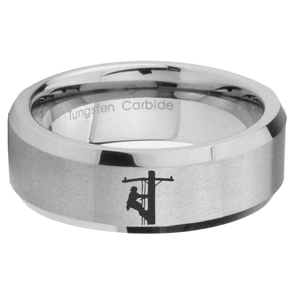 6MM Lineman Symbol Beveled Brushed Gray Tungsten Wedding Band