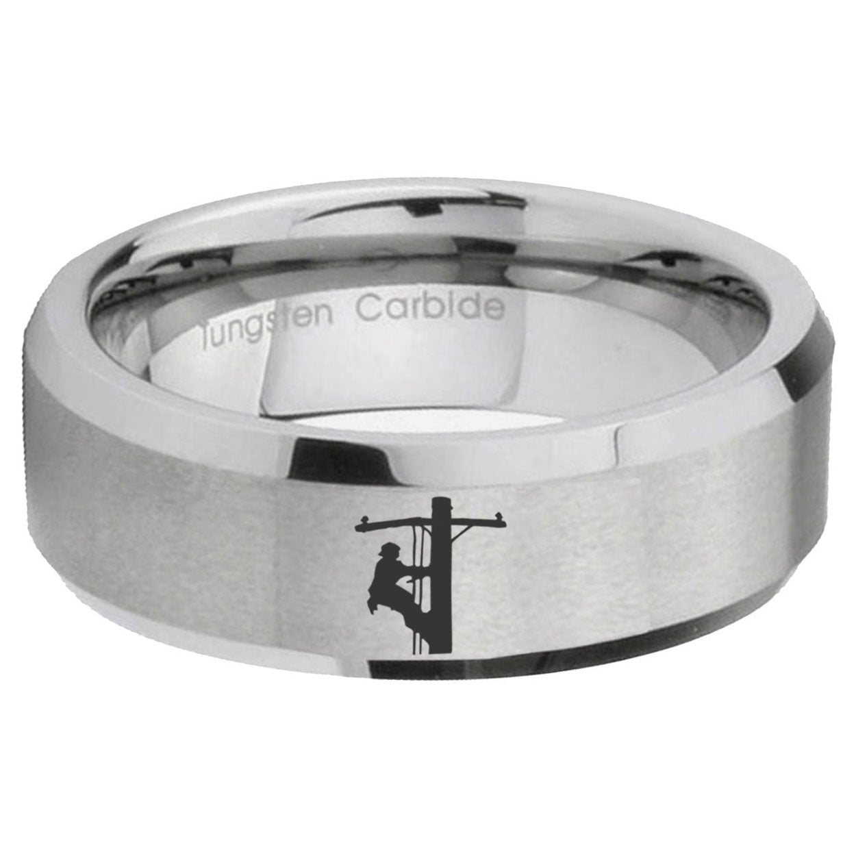 6MM Lineman Symbol Beveled Brushed Gray Tungsten Wedding Band
