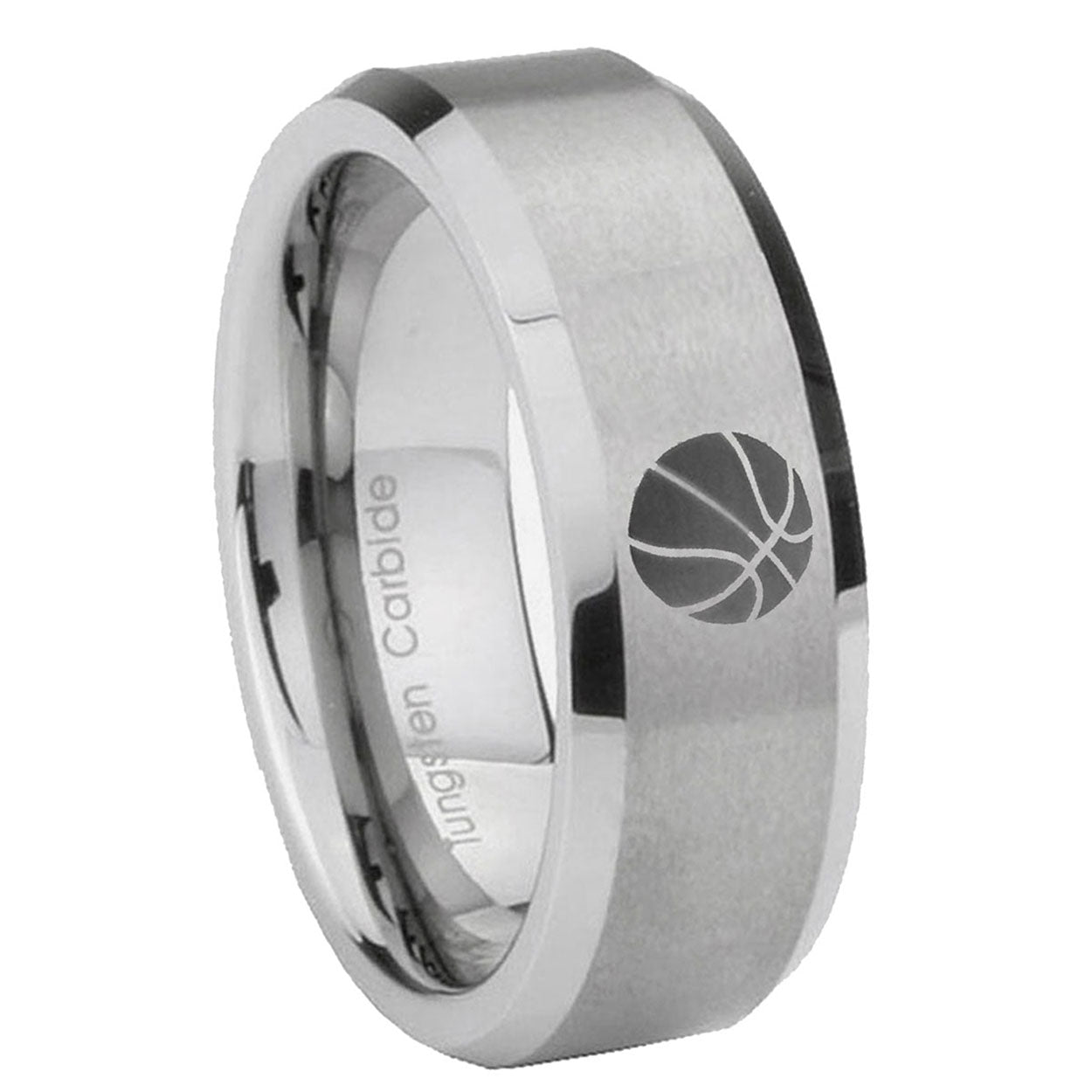8MM Basketball Beveled Gray Tungsten Mens Engagement Ring