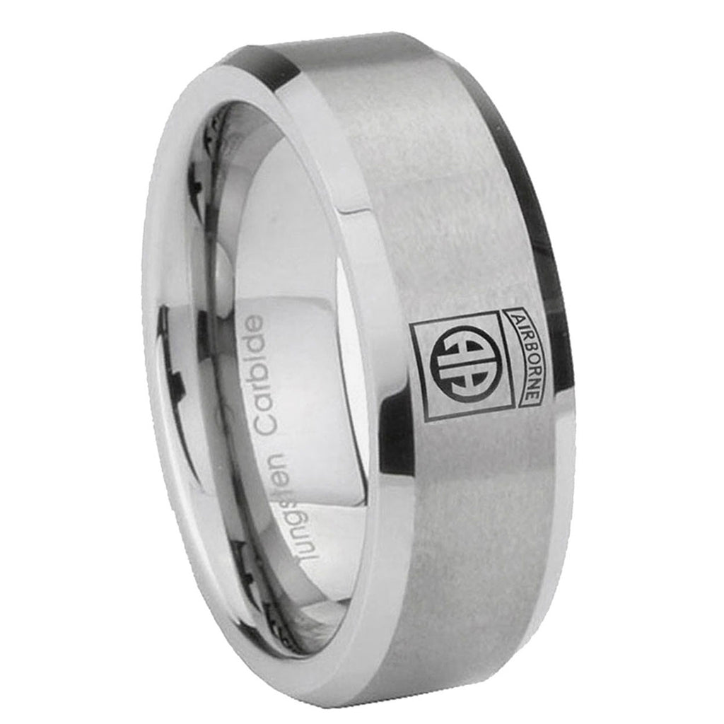 8MM Army Airborn Beveled Brushed Gray Tungsten Mens Promise Ring