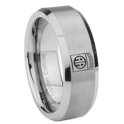 10mm Army Airborn Beveled Edges Matte Grey Tungsten Carbide Men's Promise Rings