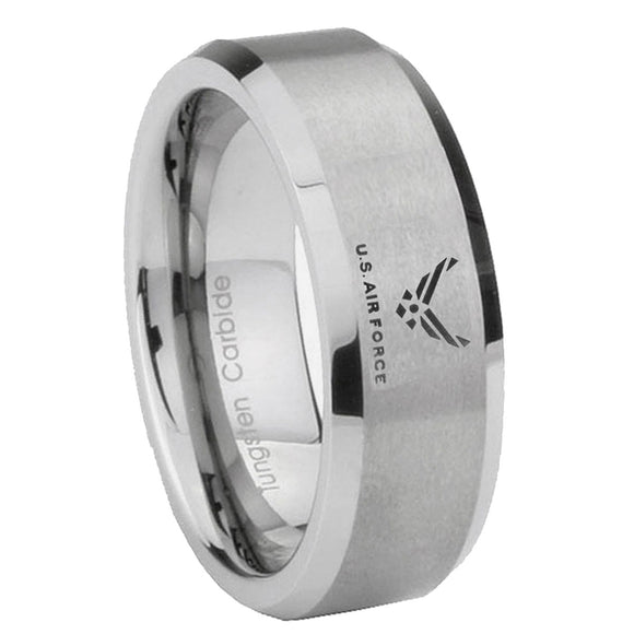 6, 8mm Mirror Bevel Edges US Air Force Brushed Grey Tungsten Laser Engraved Ring