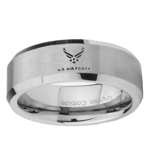 10mm Beveled US Air Force Mirror Beveled Edge Matte Grey Tungsten Carbide Ring