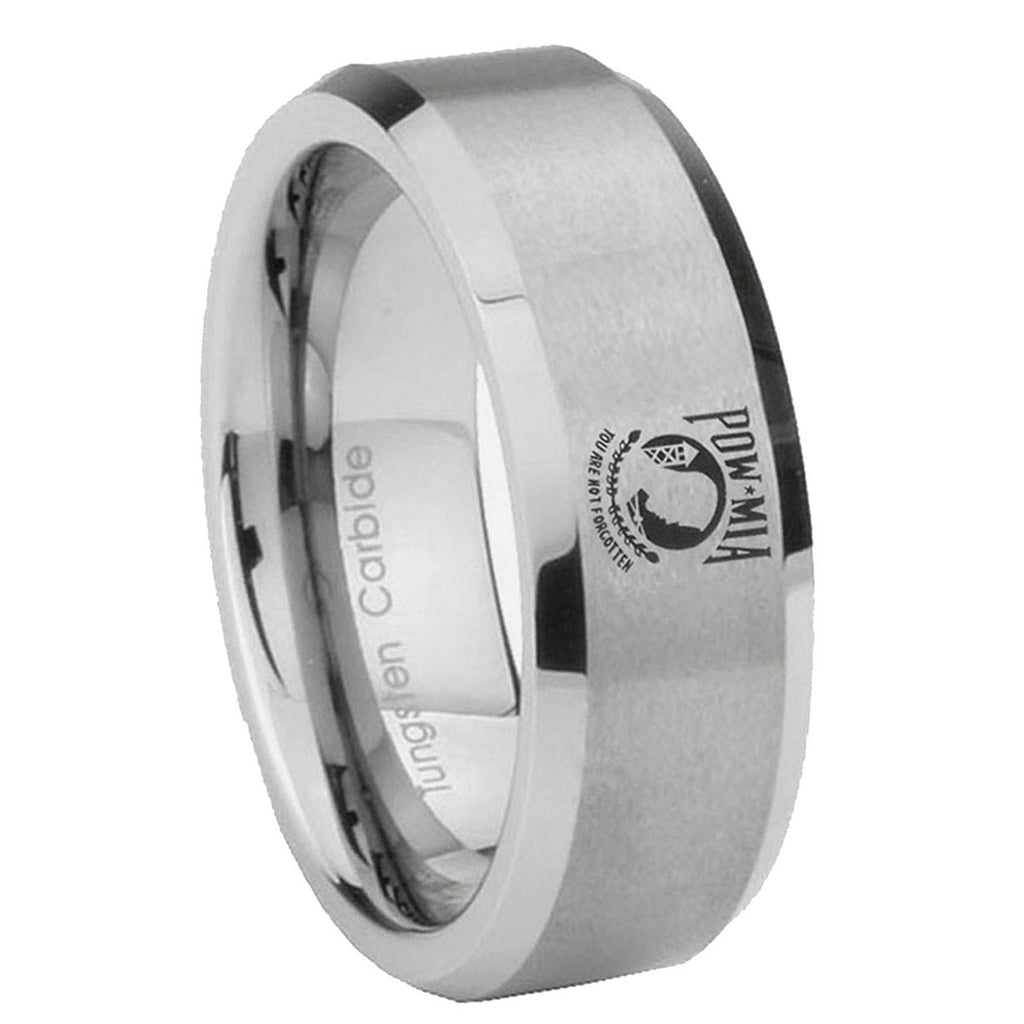 8MM Military Pow Bevel Beveled Brushed Gray Tungsten Band