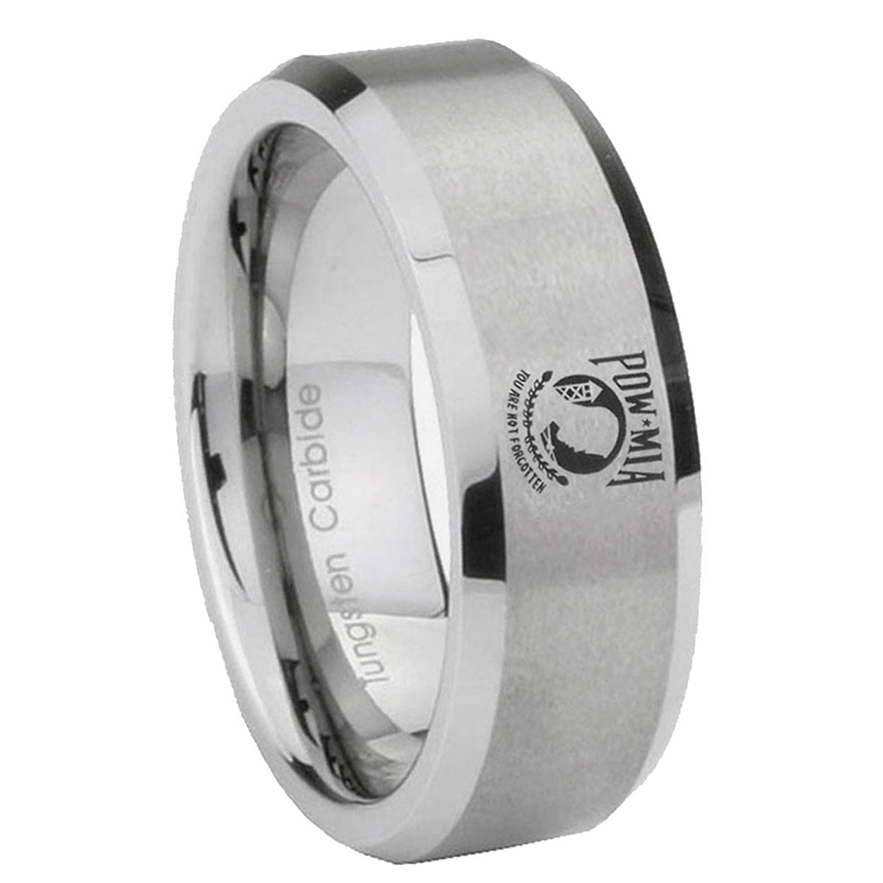 8MM Military Pow Bevel Beveled Brushed Gray Tungsten Band