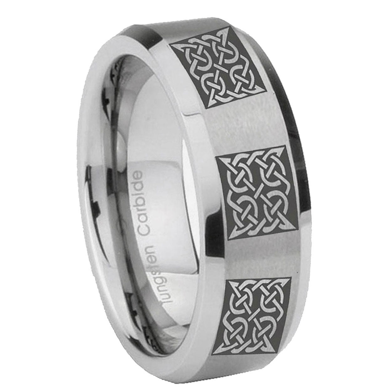 8MM Multiple Celtic Beveled Gray Tungsten Mens Casual Ring