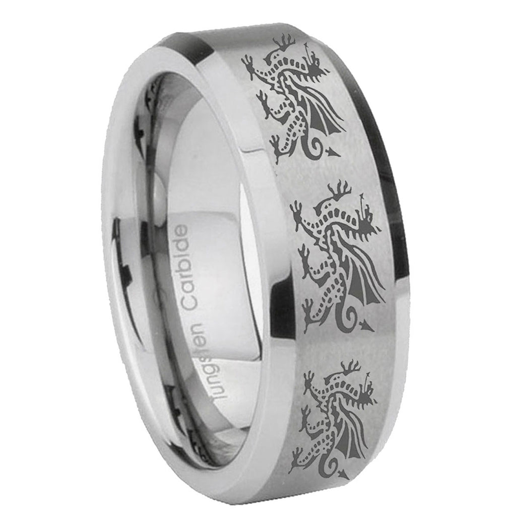 8MM Multiple Dragon Beveled Brushed Gray Tungsten Mens Promise Ring