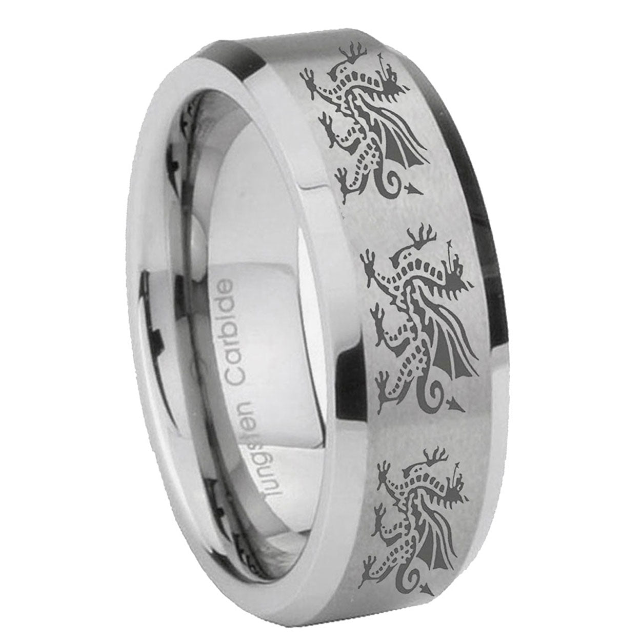 8MM Multiple Dragon Beveled Brushed Gray Tungsten Mens Promise Ring