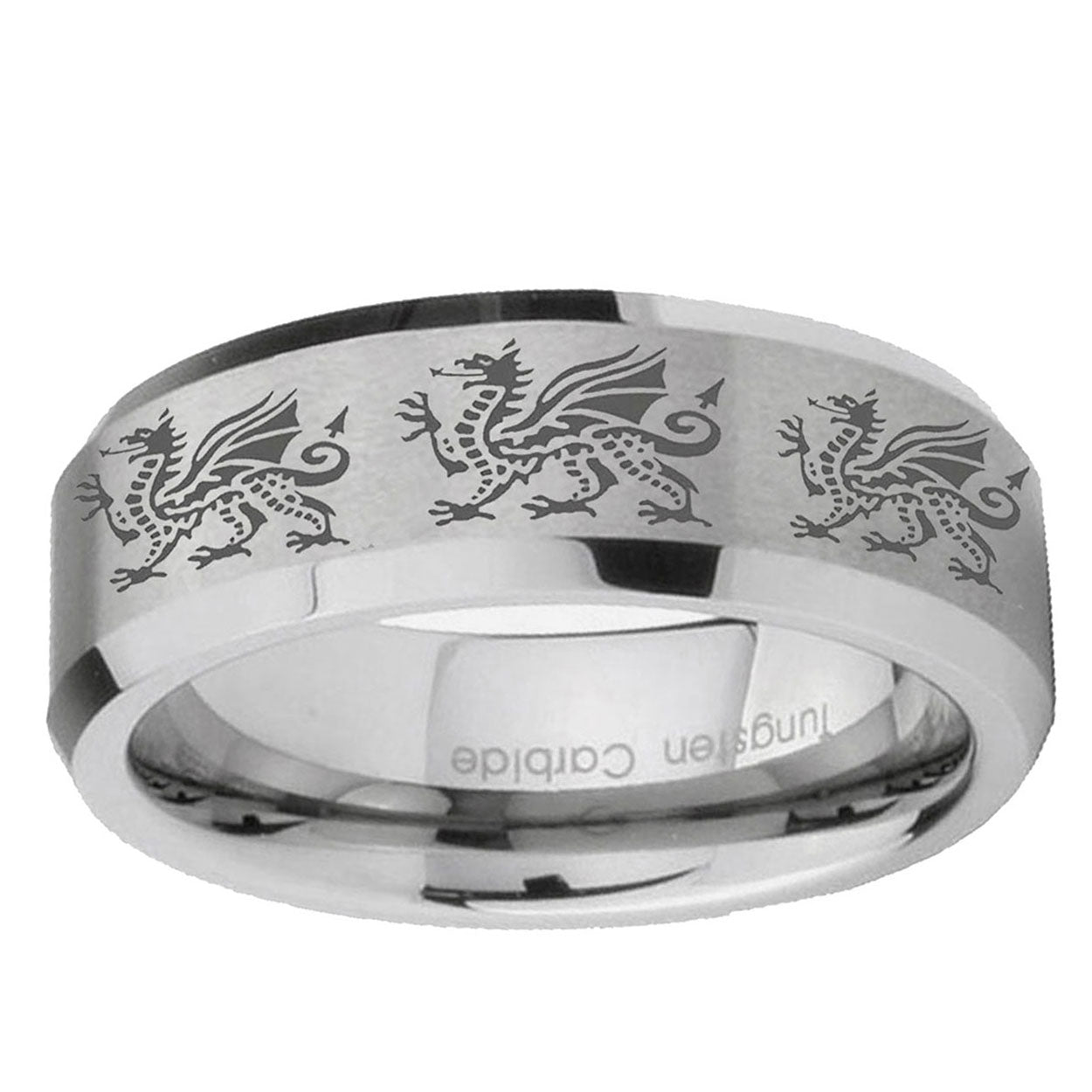 6MM Multiple Dragon Beveled Brushed Gray Tungsten Mens Promise Ring