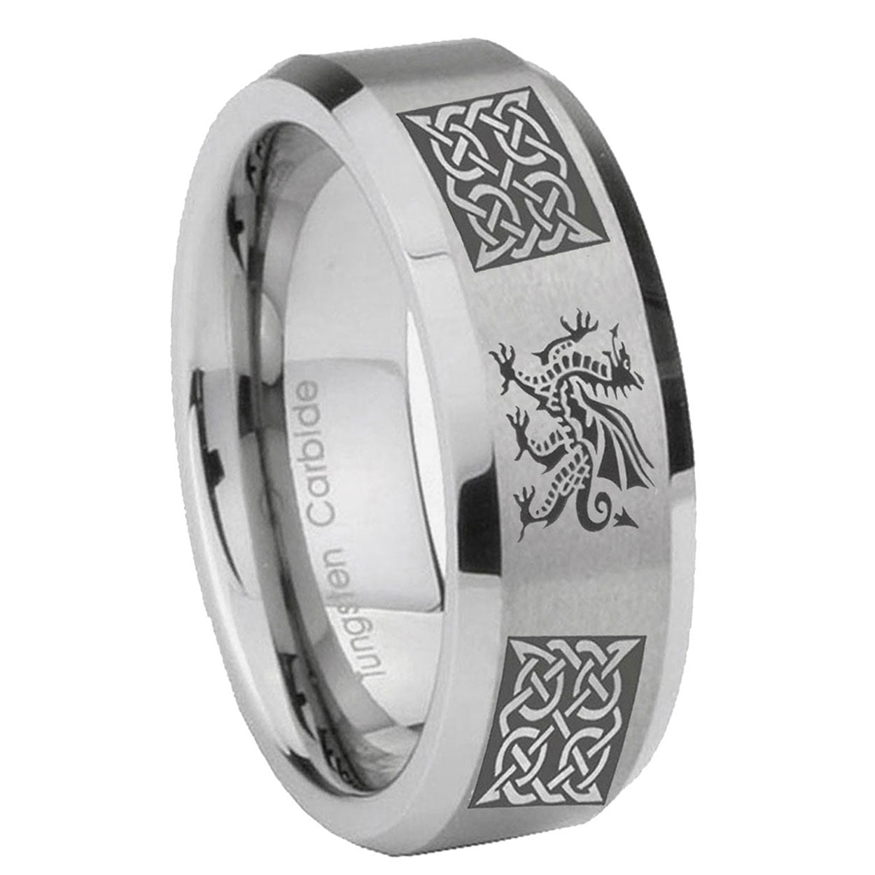 8MM Multiple Dragon Celtic Beveled Brushed Gray Tungsten Wedding Band