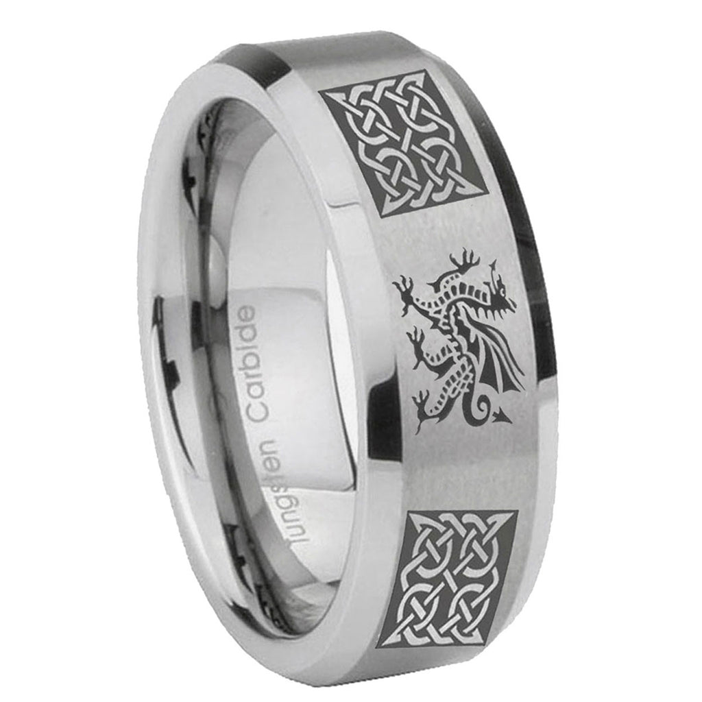 10mm Multiple Dragon Celtic Beveled Edges Matte Grey Tungsten Carbide Bands Ring