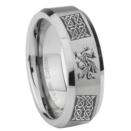 10mm Multiple Dragon Celtic Beveled Edges Matte Grey Tungsten Carbide Bands Ring
