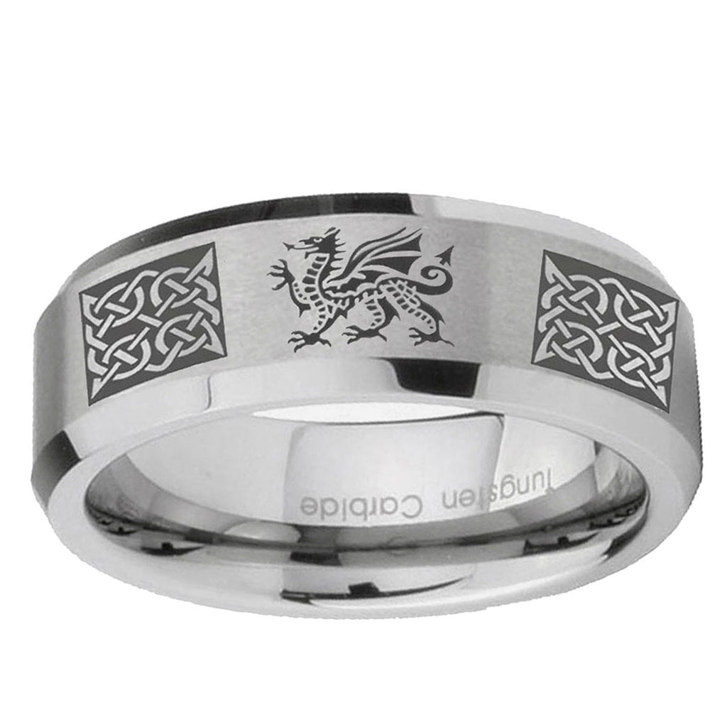 10mm Multiple Dragon Celtic Beveled Edge Matte Grey Tungsten Ring