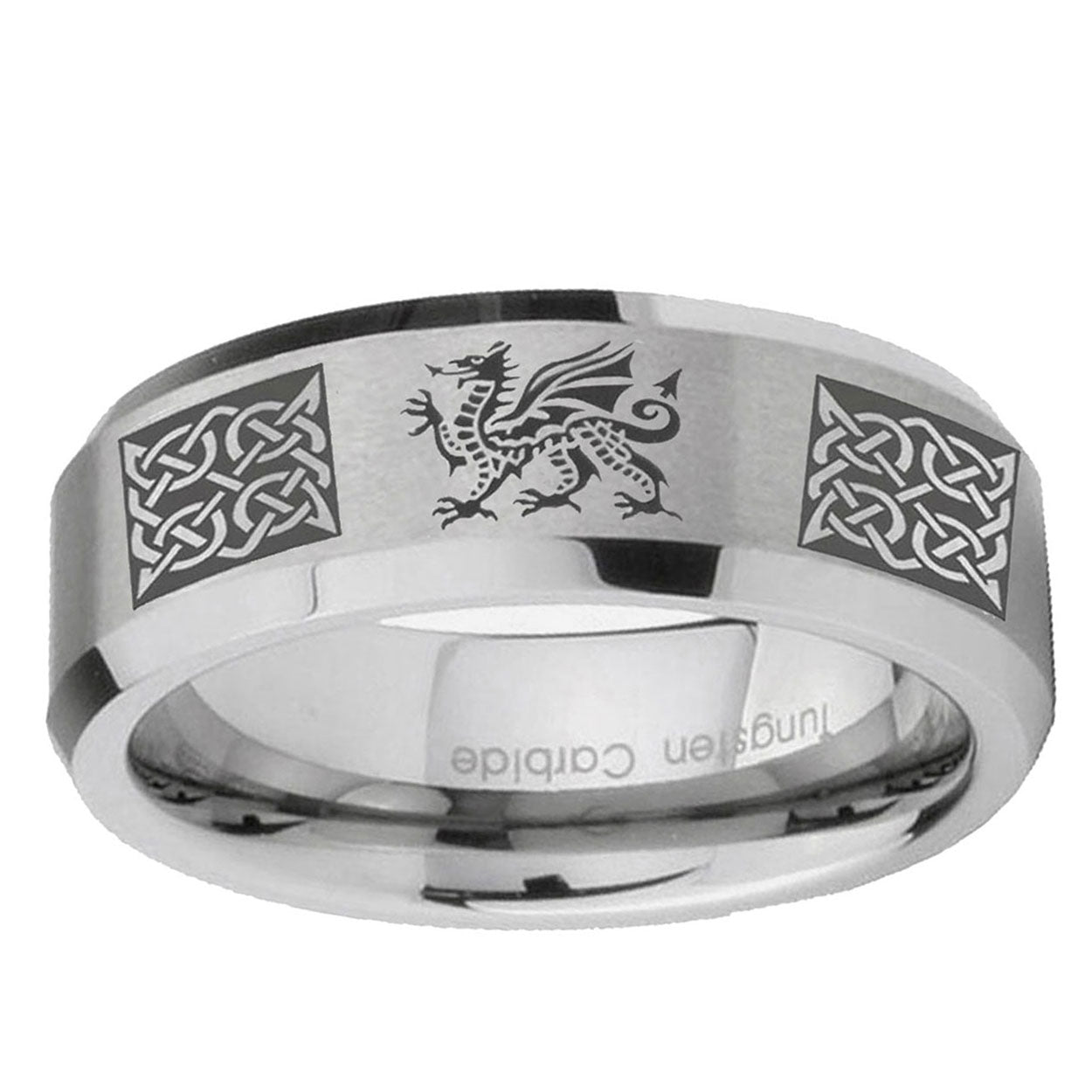 10mm Multiple Dragon Celtic Beveled Edge Matte Grey Tungsten Ring
