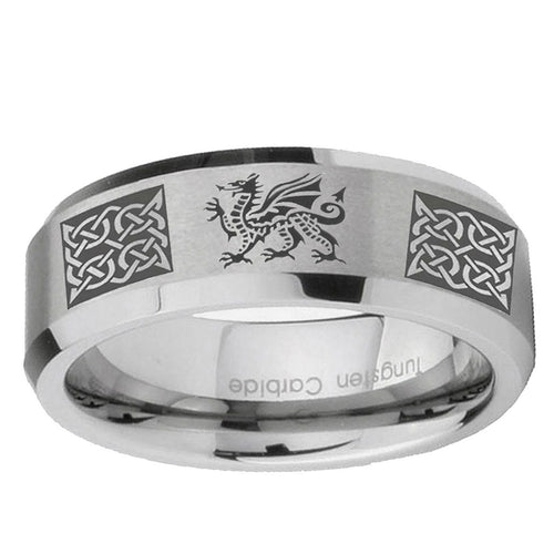 10mm Multiple Dragon Celtic Beveled Edge Matte Grey Tungsten Ring