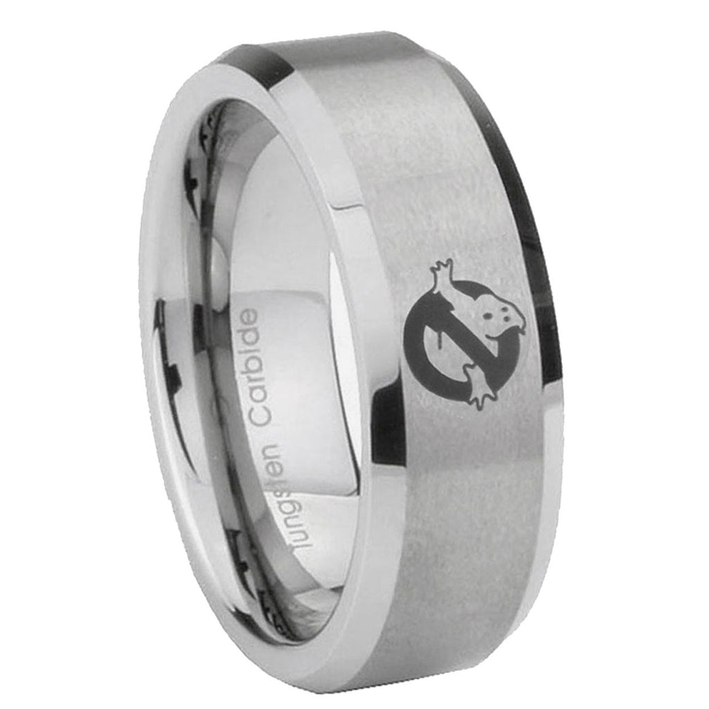 10mm Ghostbusters Beveled Edges Matte Grey Tungsten Carbide Mens Wedding Band