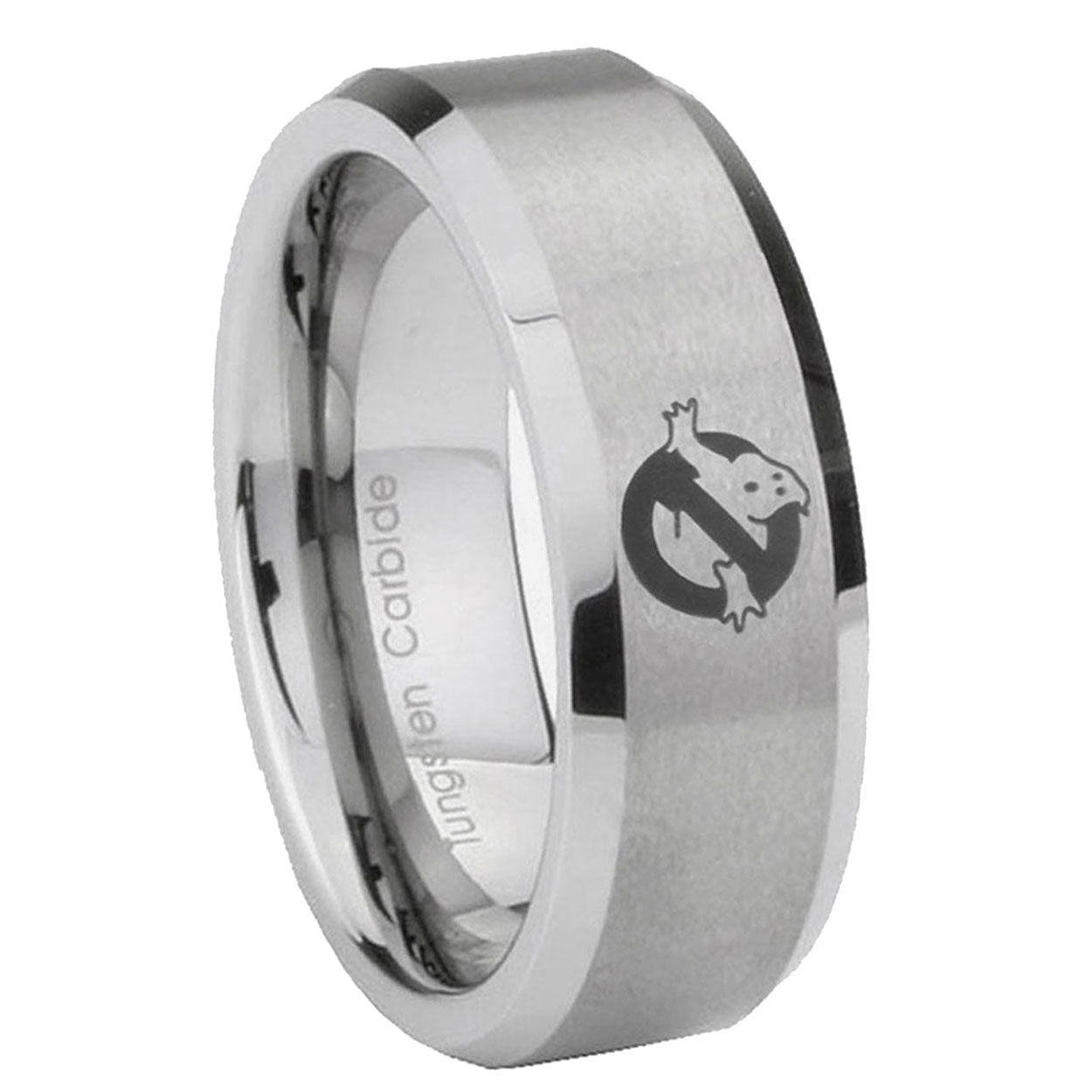 10mm Ghostbusters Beveled Edges Matte Grey Tungsten Carbide Mens Wedding Band