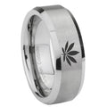 8MM Marijuana Leaf Beveled  Brushed Gray Tungsten Rings For Men