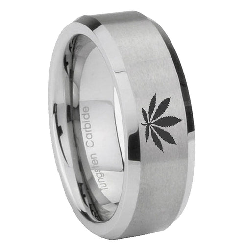 10mm Marijuana Leaf Beveled Edges Matte Grey Tungsten Carbide Men's Wedding Ring