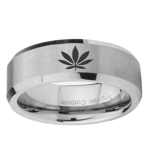 10mm Marijuana Leaf Beveled Edge Matte Grey Tungsten Ring