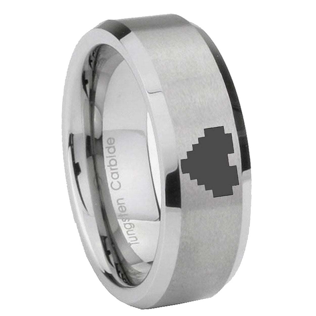 8MM Zelda Heart Beveled Brushed Gray Tungsten Mens Wedding Ring