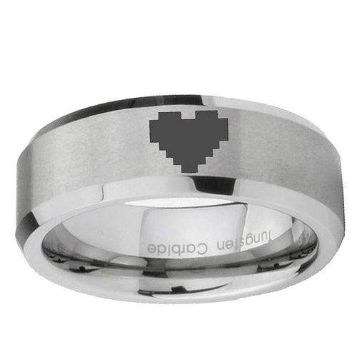 10mm Beveled Zelda Heart Mirror Beveled Edge Matte Grey Tungsten Carbide Ring