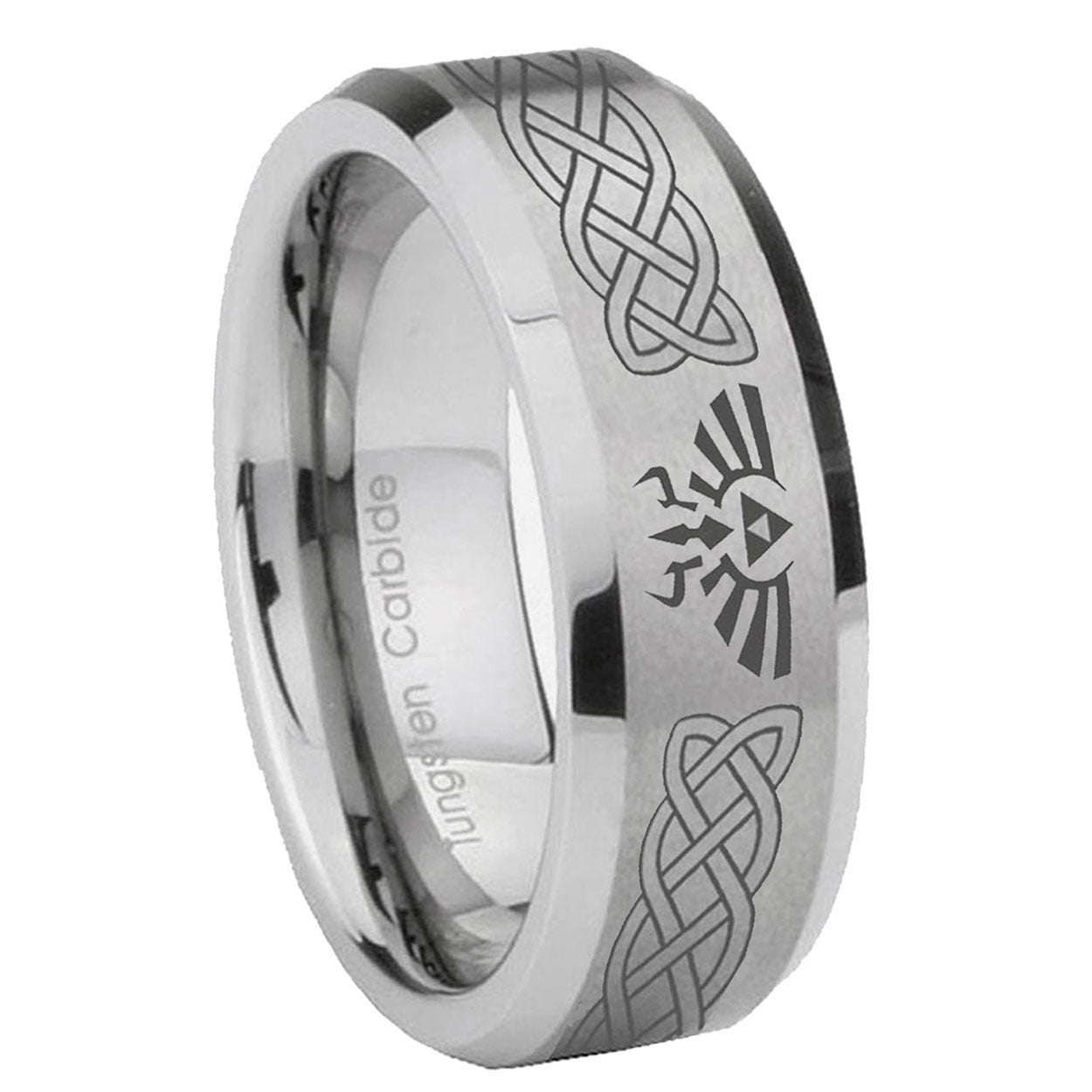 8MM Celtic Zelda Beveled Brushed Gray Tungsten Rings For Men