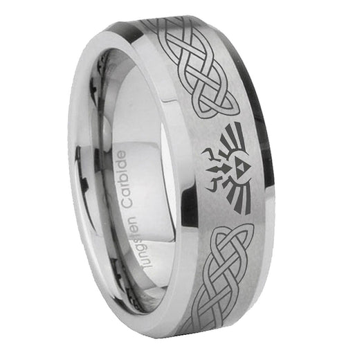 10mm Celtic Zelda Beveled Edges Matte Grey Tungsten Carbide Personalized Ring