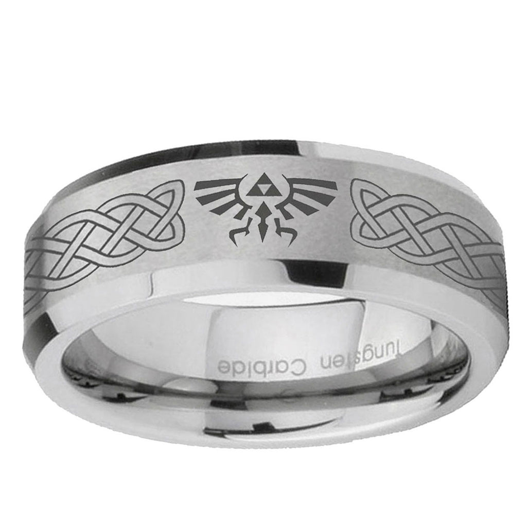 6MM Celtic Zelda Beveled Brushed Gray Tungsten Rings For Men