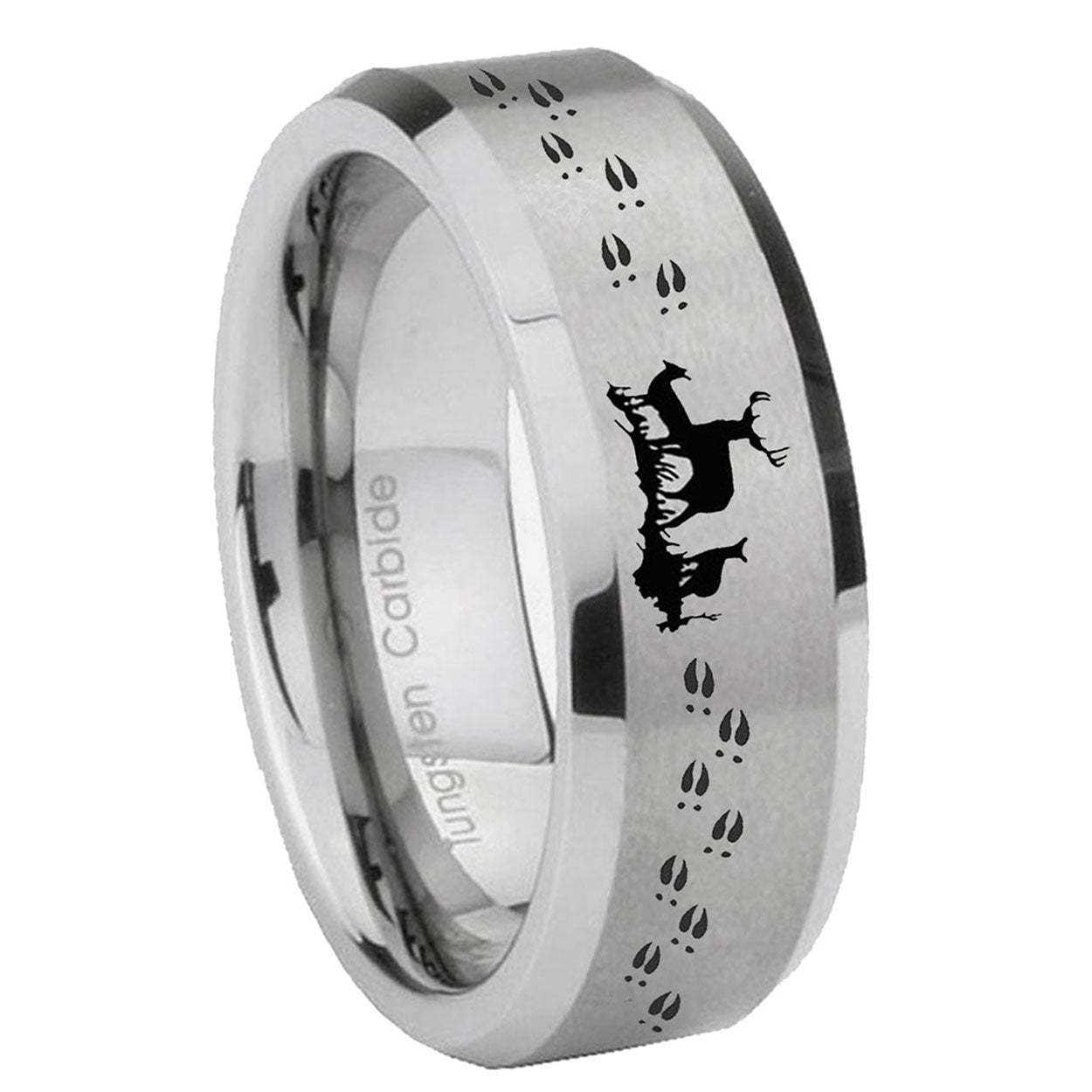 8MM Deer Hunting Beveled Brushed Gray Tungsten Wedding Band