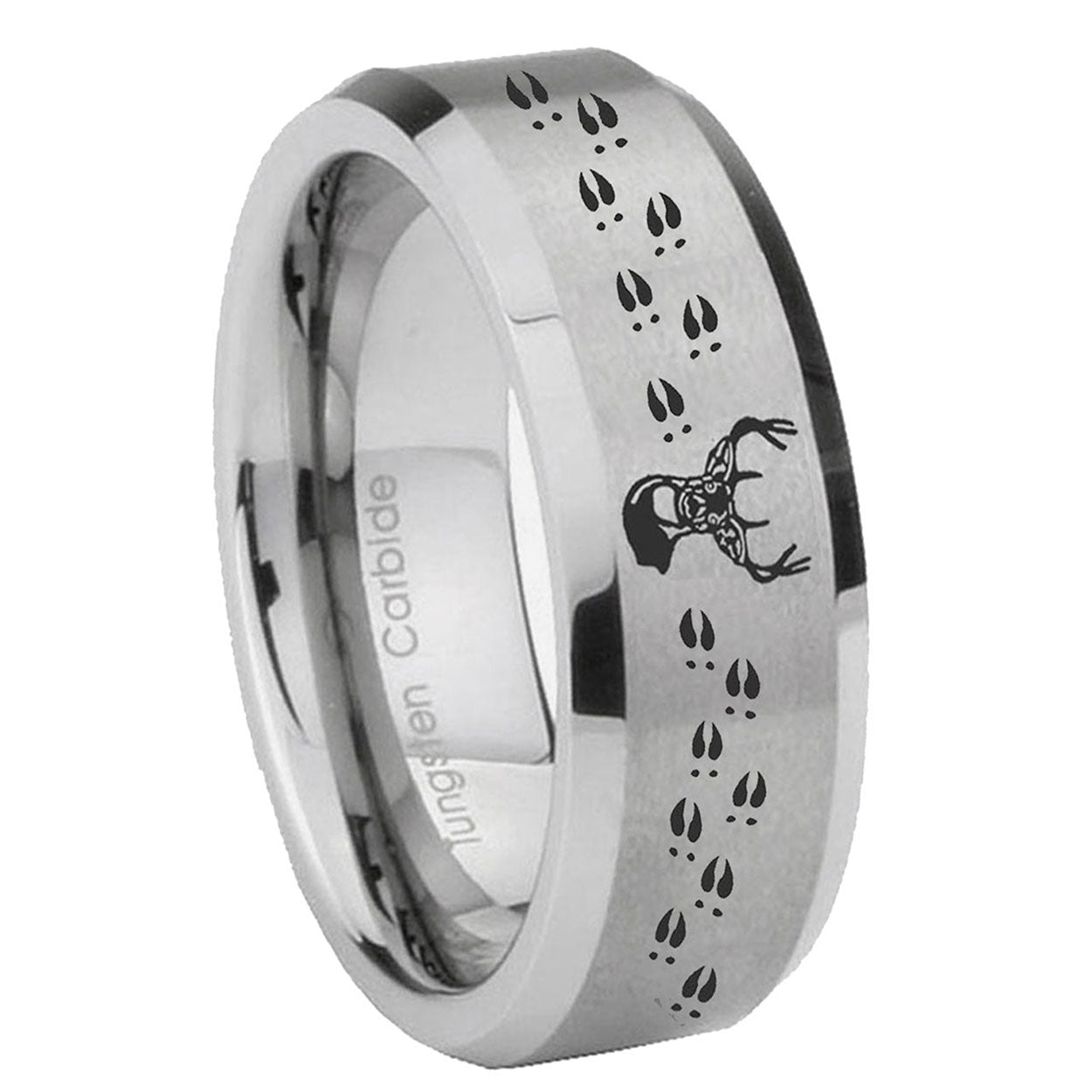 10mm Deer Antler Beveled Edges Matte Grey Tungsten Carbide Mens Ring Engraved