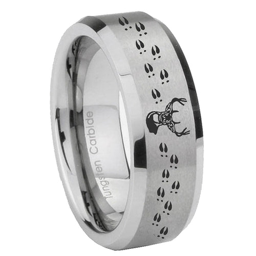 10mm Deer Antler Beveled Edges Matte Grey Tungsten Carbide Mens Ring Engraved