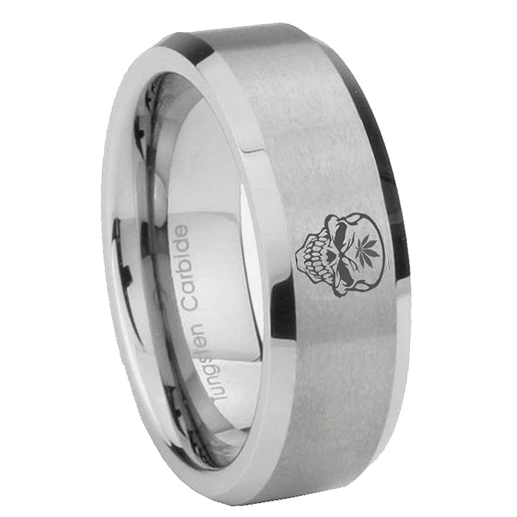 8MM Skull Marijuana Leaf Beveled Brushed Gray Tungsten Promise Ring