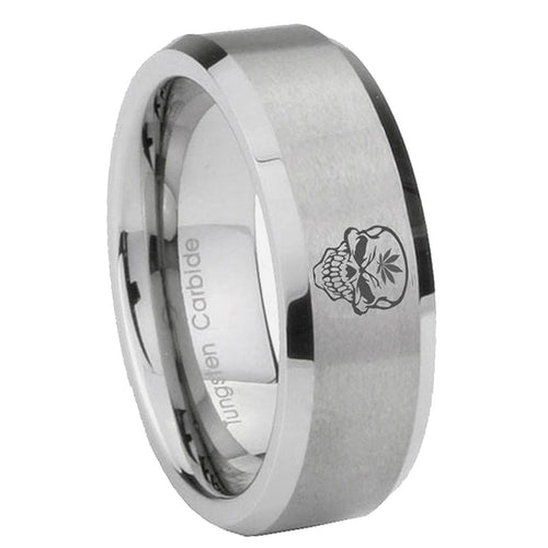10mm Skull Marijuana Leaf Beveled Edges Matte Grey Tungsten Carbide Promise Ring
