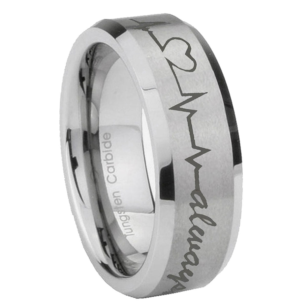 8MM Heart Beat forever Heart Beveled Brushed Gray Tungsten Ring