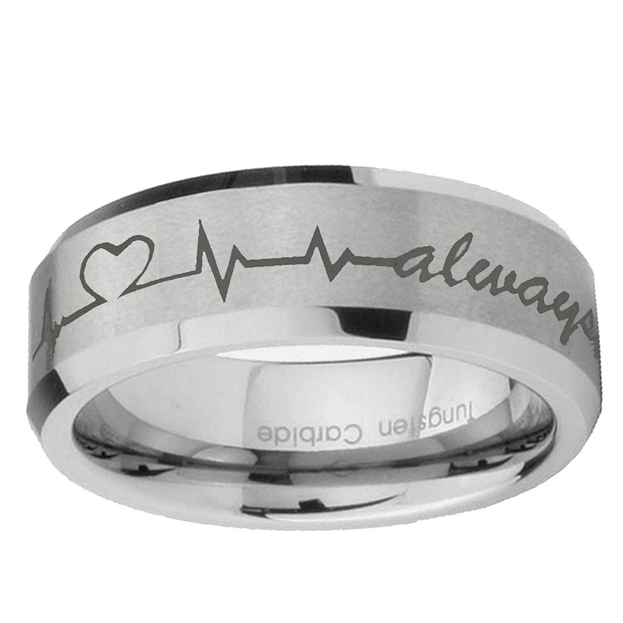 6MM Heart Beat forever Heart Beveled Brushed Gray Tungsten Ring