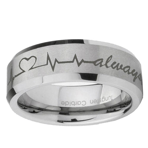 10mm Heart Beat forever Heart always Beveled Matte Grey Tungsten Rings for Men