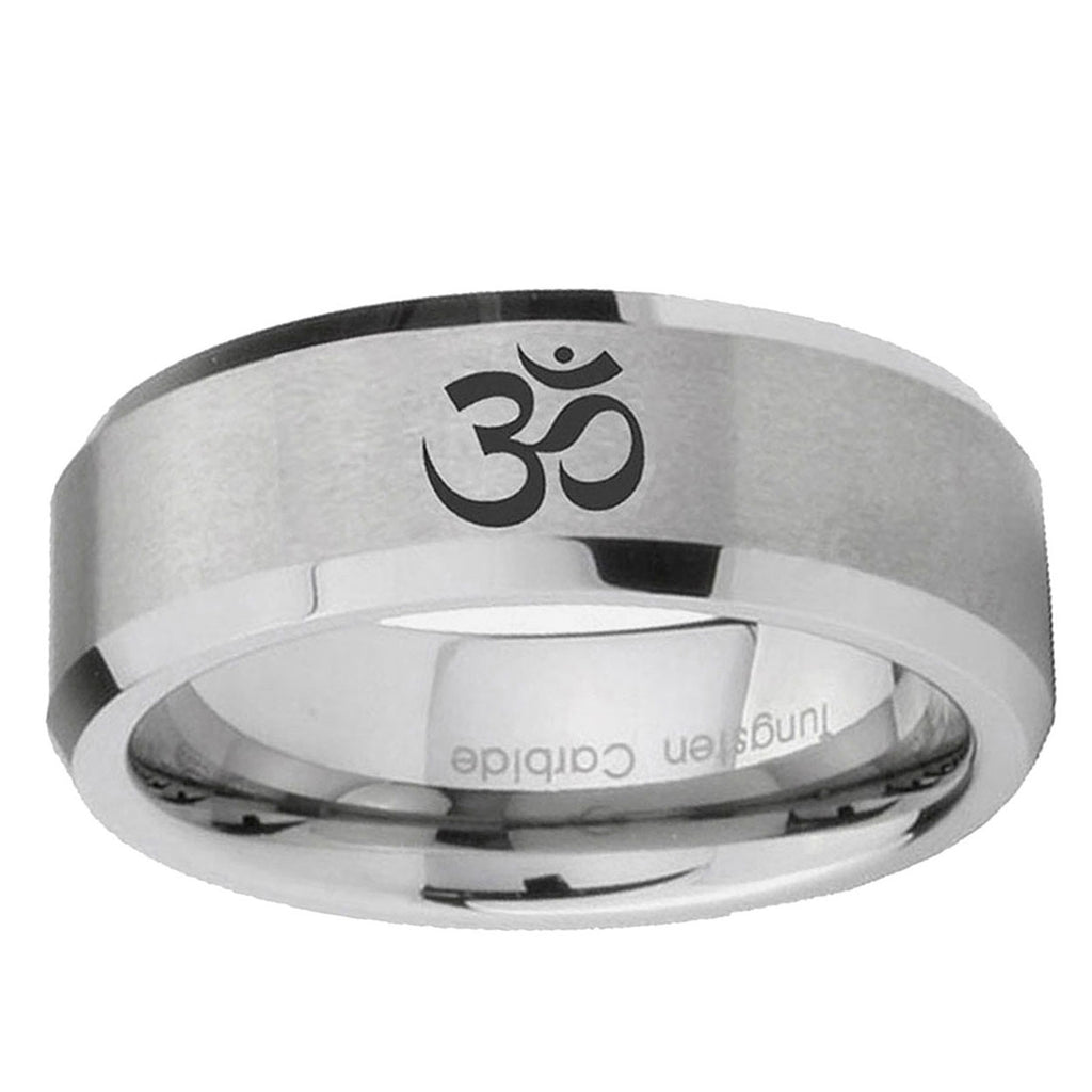 6MM Oma Aum Yoga Beveled Brushed Gray Tungsten Wedding Band