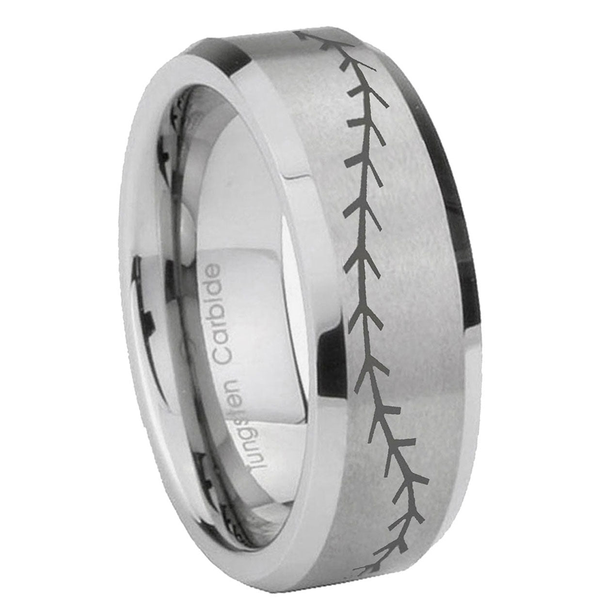 8MM Baseball Stitch Beveled Brushed Gray Tungsten Personalized Ring