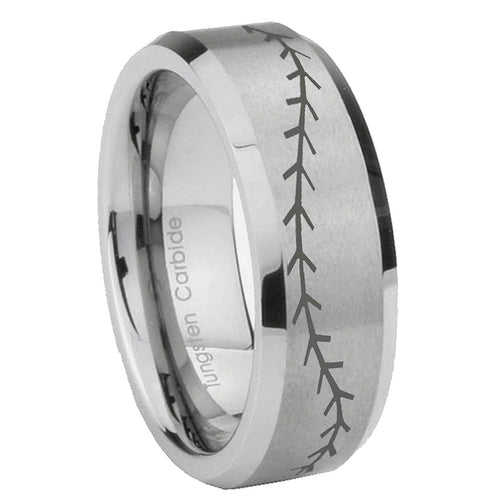 10mm Baseball Stitch Beveled Edges Matte Grey Tungsten Carbide Wedding Band Ring