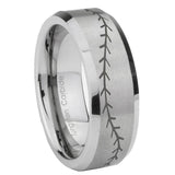 8mm Baseball Stitch Beveled Edge Brushed Grey Tungsten Mens Bands Ring