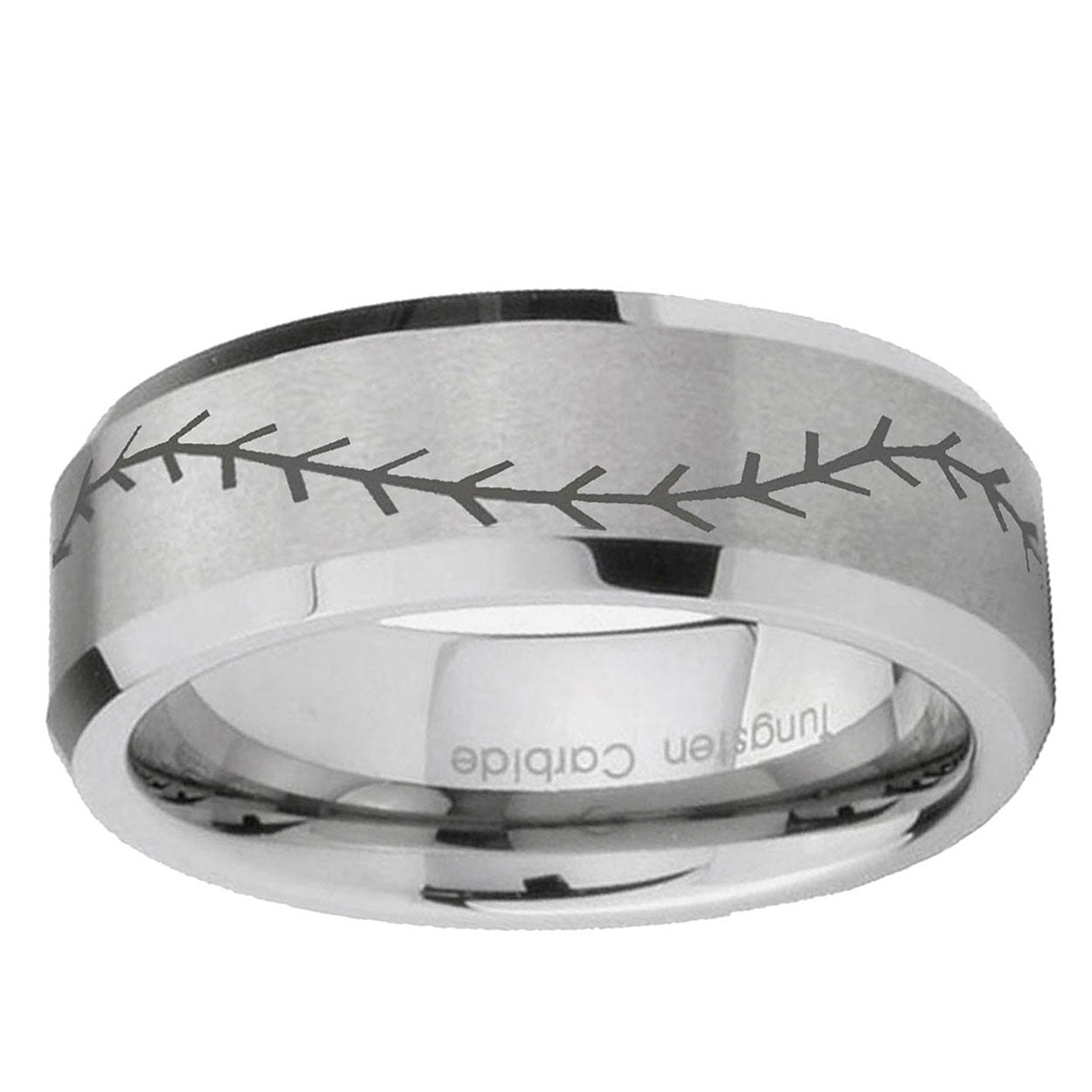 6MM Baseball Stitch Beveled Brushed Gray Tungsten Personalized Ring