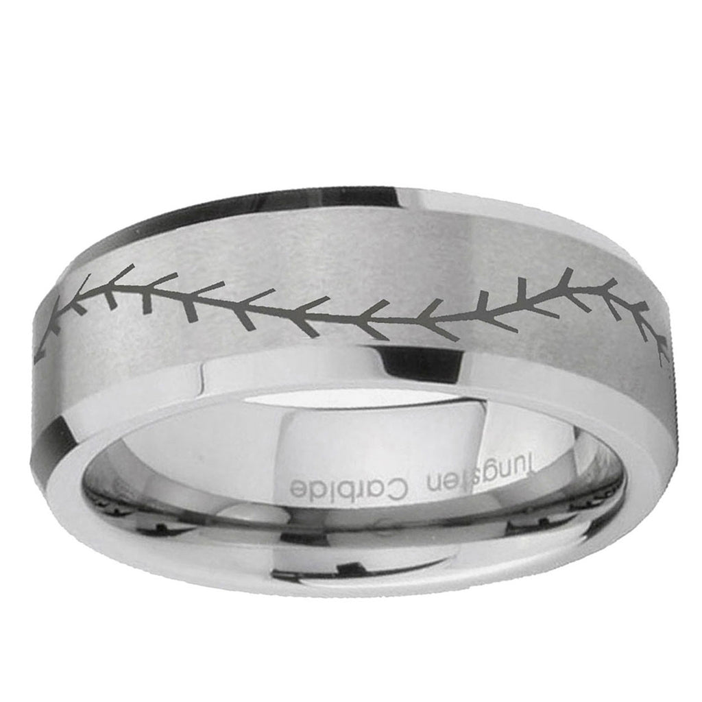 10mm Baseball Stitch Beveled Edge Matte Grey Tungsten Ring